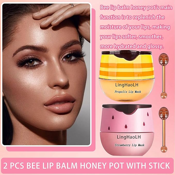 2PCS Bee Lip Balm,Hydrating Honey Pot