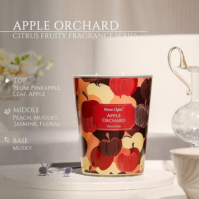 HomeLights Large jar Candle | 3-Wick Long-Lasting Scented Candles, 34oz Natural Soy Wax Candle for Home Scented, Eclectic Mixed Styles Gifts for Women & Men, Apple Orchard