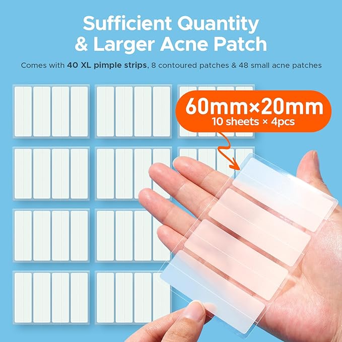 TKTK Large Pimple Patches for Face, XL Acne Patches 60 x 20 mm, Big Hydrocolloid Bandages for Body, Forehead, Chin, Neck Zit Breakouts, Hydrocolloid Patch (Strip, Contoured, Dot 5 Sizes 96 Count)
