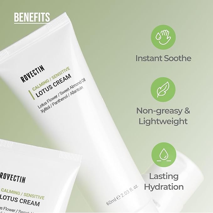 ROVECTIN Calming Lotus Water Cream - Lightweight Face Moisturizer for Oily, Combination Skin | 75% Lotus Water Extract For Skin Purifying, Anti-Aging | Vegan Korean Skincare (2.1 fl.oz) [2 Pack]