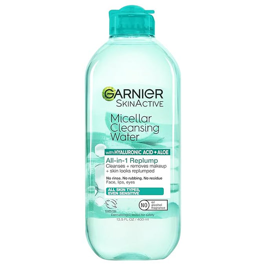 Garnier Micellar Water with Hyaluronic Acid, Facial Cleanser & Makeup Remover, Hydrating and Plumping, For All Skin Types, Vegan, Cruelty Free, 13.5 Fl Oz (400mL), 1 Count