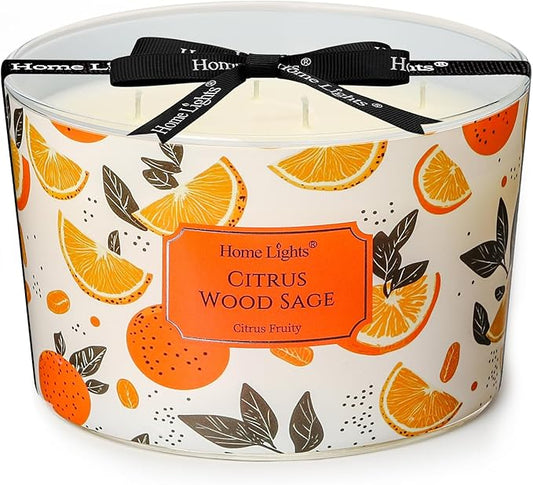 HomeLights Citrus Wood Sage Scented Candles | 18oz Soy Candles Eclectic Mixed Styles 4-Wick Large Candle Jars | Ideal Candle Gifts for Events, Home Decor Stress, Relief & Relaxation