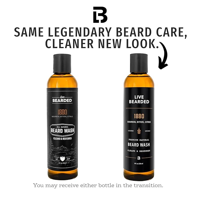 Live Bearded Beard Wash, 8 fl oz - Water-Based Face Cleanser with All-Natural Ingredients for a Gentle, Deep Clean - Made in the USA | 1880 Scent - Bourbon, Bitters, Citrus