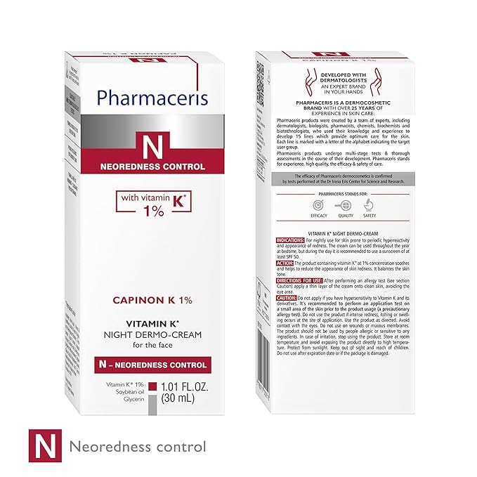 Vitamin K Redness Reducing Night Cream, Facial Moisturizer, Helps Strengthen Skin and Reduce Irritation, For Sensitive Skin Prone to Reactivity, CAPINON K 1%, 1.01 fl oz