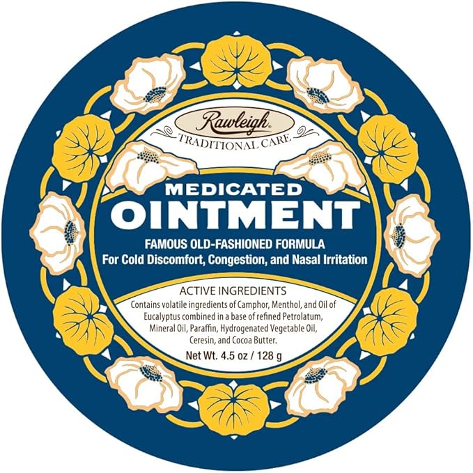 Rawleigh Medicated Ointment: 4.5 oz Blue Tin, Adults & Kids: Topical Chest Rub for Cold, Nasal Congestion, Minor Aches and Pain, with Camphor, Menthol & Eucalyptus, Non-Greasy Formula - Pack of 1