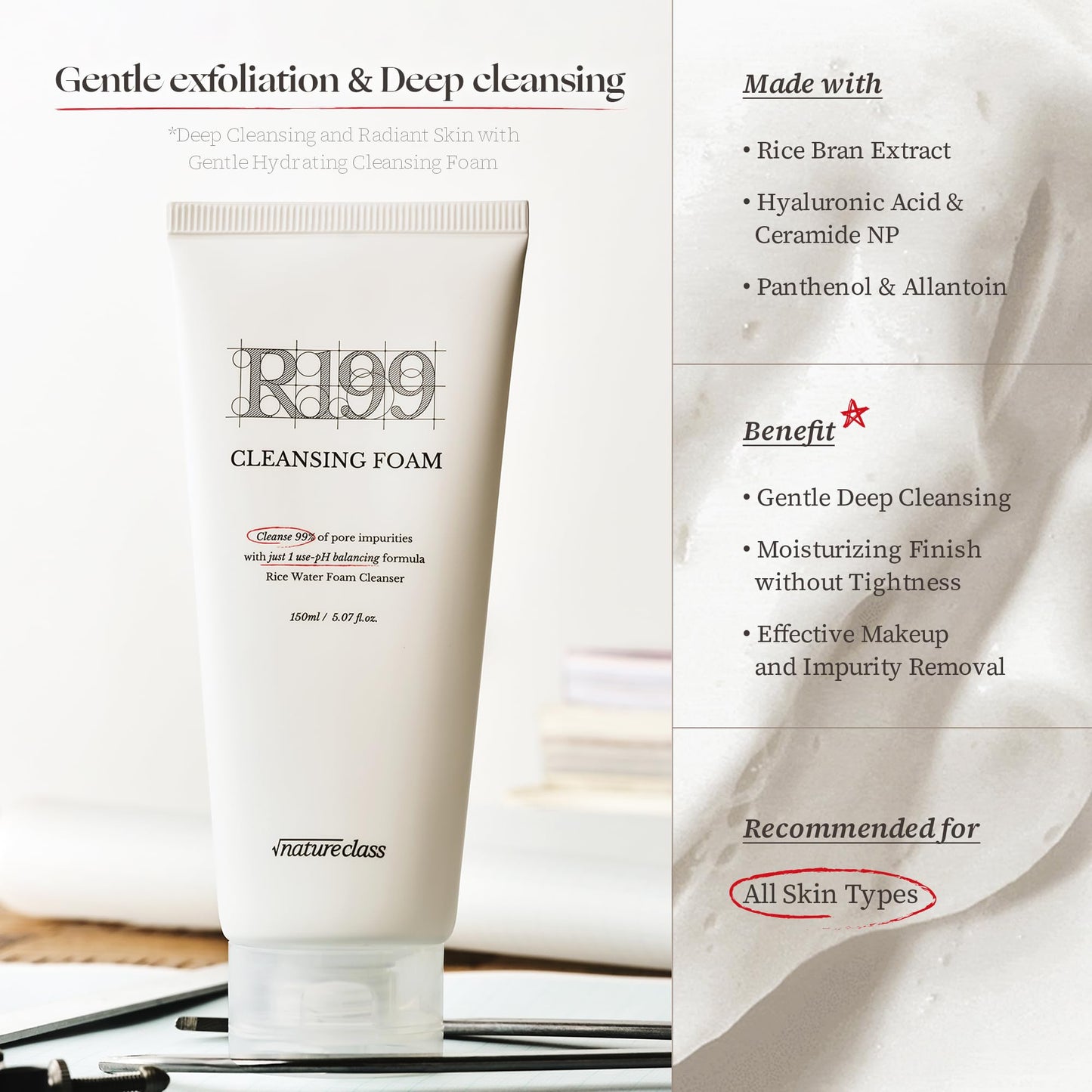 NATURECLASS R199 Gentle Cleansing Foam with Rice Bran Extract–Deep Cleansing,Exfoliating, Hydrating & Low pH Formula for Radiant Skin, Makeup Removal, Korean Skincare 5.07 fl.oz.