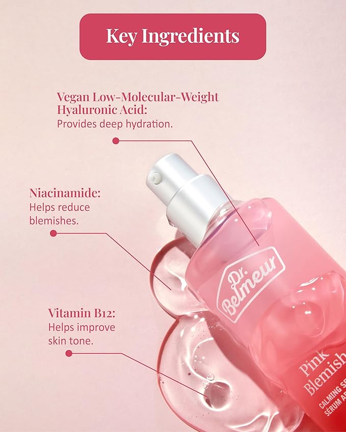 Pink Blemish Calming Serum (1.7fl oz) - Hydrating, Soothing Korean Skin Care for Sensitive Skin. Vegan Hyaluronic Acid, Niacinamide.