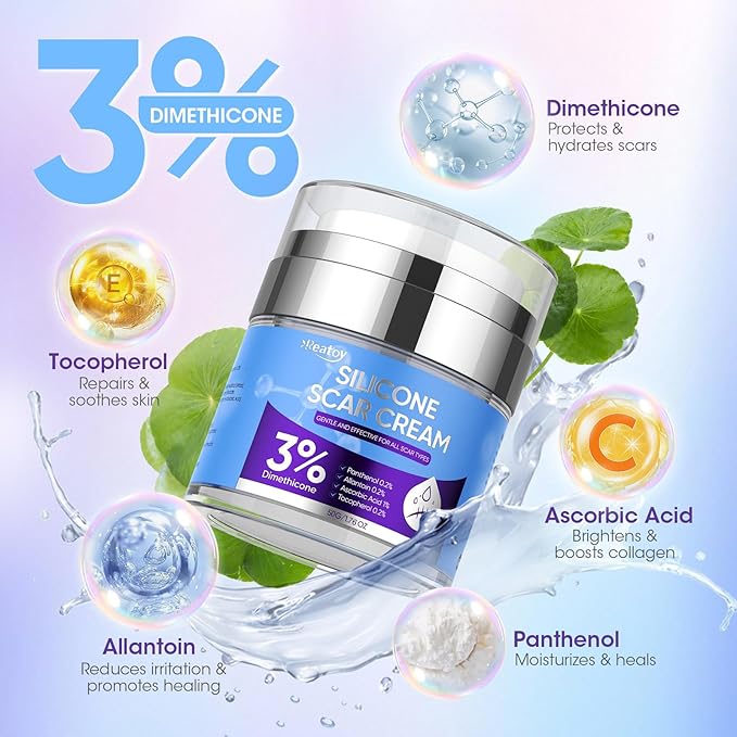 Silicone Scar Cream for Surgical Scars, 3% Dimethicone Complex Silicone Scar Gel for Old & New Scars, C-Section, Pregnancy, Acne, Injury, Keloids, Burns, Non-Irritating Scar Removal Cream(50ML)