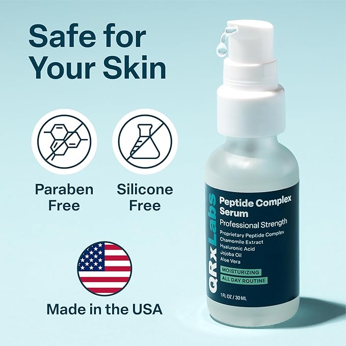 QRxLabs Peptide Complex Serum for Face - Collagen Booster with Hyaluronic Acid & Chamomile Extract - Reduces Wrinkles, Heals & Repairs Skin, Tightening Effect - Hyaluronic Acid Serum for Face