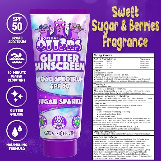 Glitter Sunscreen SPF 50 Lotion 4.5oz - Sparkle Sunscreen - Shimmer Sunscreen - Colored Sunscreen for Kids & Women - UVA/UVB Sunshine Protection + 80 Min Water Resistant - (Scented) (USA Made)