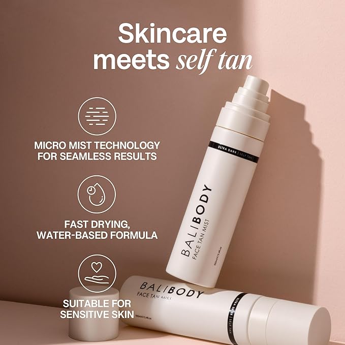 Bali Body Face Tan Mist - Ultra Dark | Self Tanner Spray with Hyaluronic Acid | Sunless Tanning Solution for Natural Glow | Quick-Dry, Streak-Free Formula | Vegan & Cruelty-Free (100 ml/3.4 fl oz)
