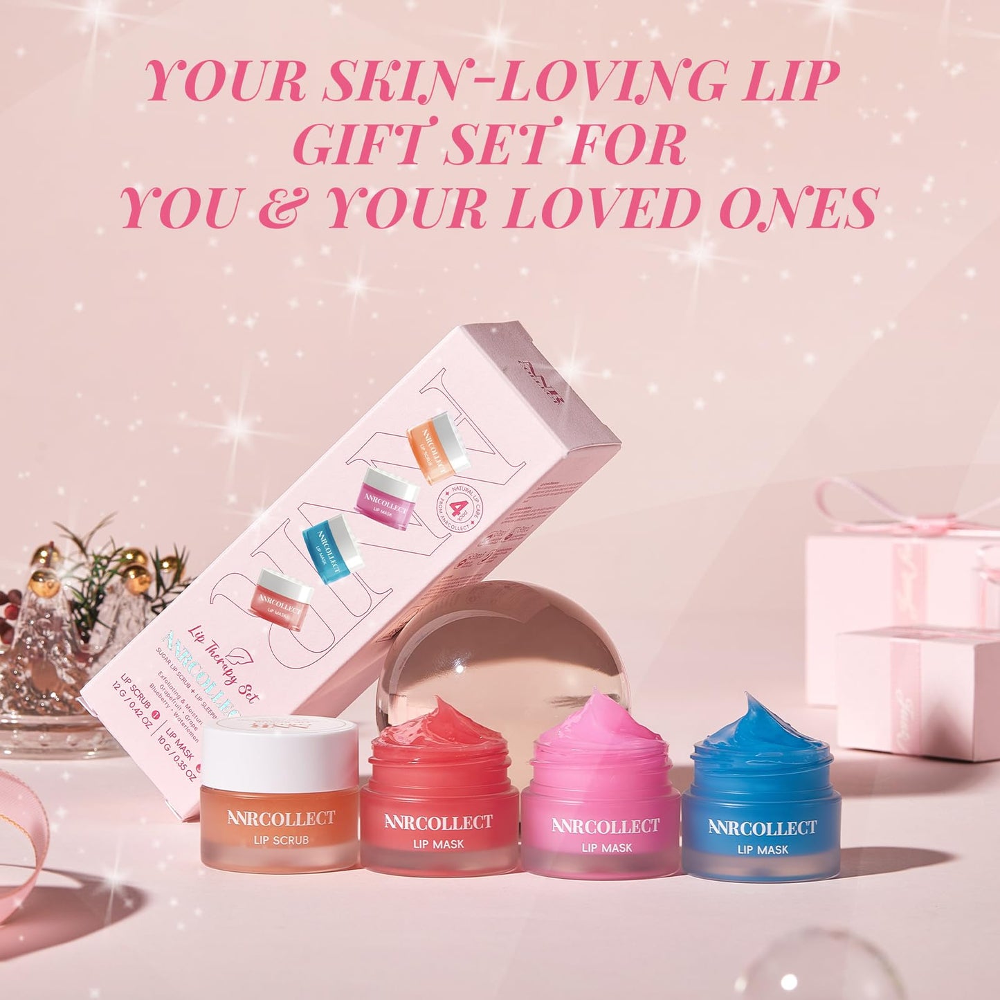 Lip Mask Set, 1 Lip Scrub +3 Overnight Lip Mask, Lip Glowy Balm and Scrub for Women, Exfoliating and Hydrating Dry, Chapped, Crack Lips, 4 Pack Lip Skincare Gift Set