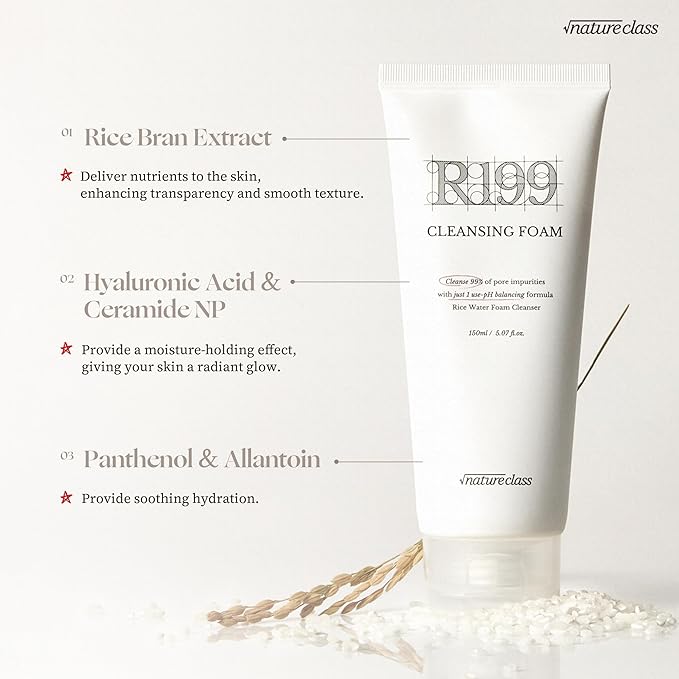 R199 Gentle Cleansing Foam with Rice Bran Extract–Deep Cleansing,Exfoliating, Hydrating & Low pH Formula for Radiant Skin, Makeup Removal, Korean Skincare 5.07 fl.oz.