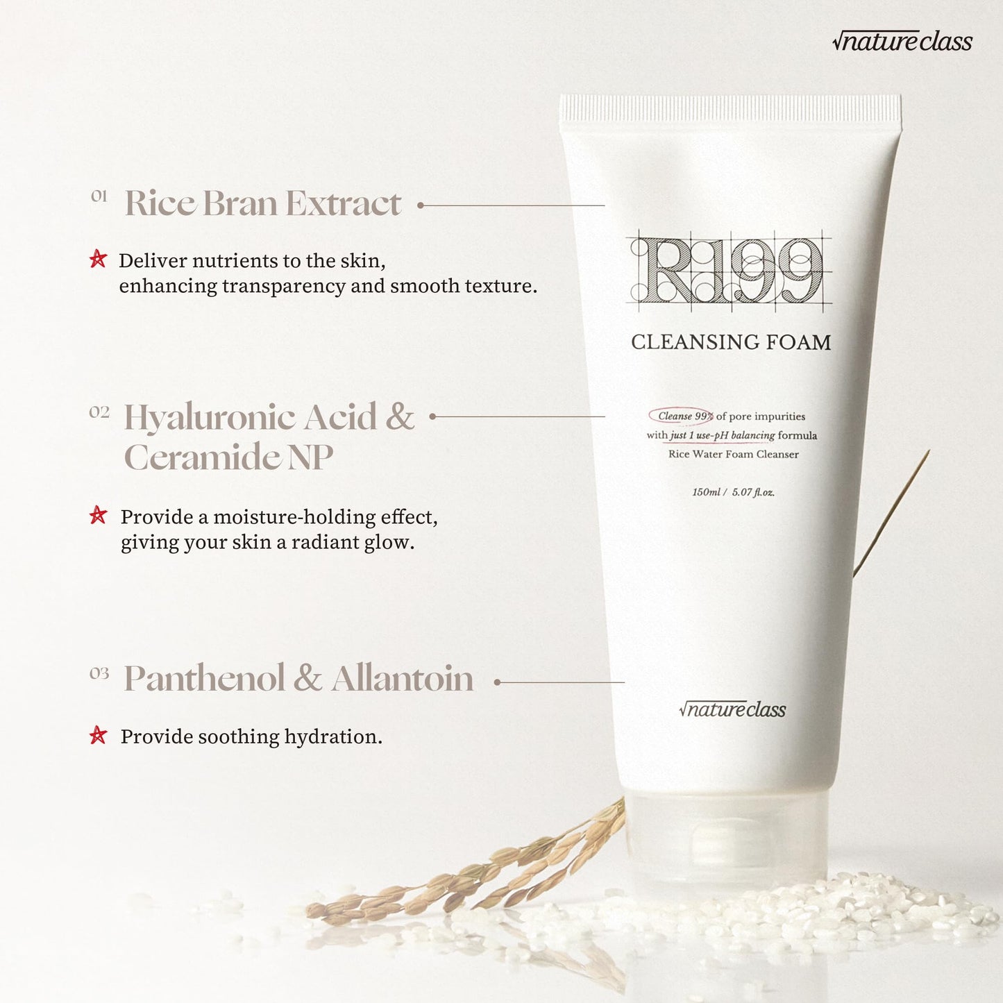 NATURECLASS R199 Gentle Cleansing Foam with Rice Bran Extract–Deep Cleansing,Exfoliating, Hydrating & Low pH Formula for Radiant Skin, Makeup Removal, Korean Skincare 5.07 fl.oz.