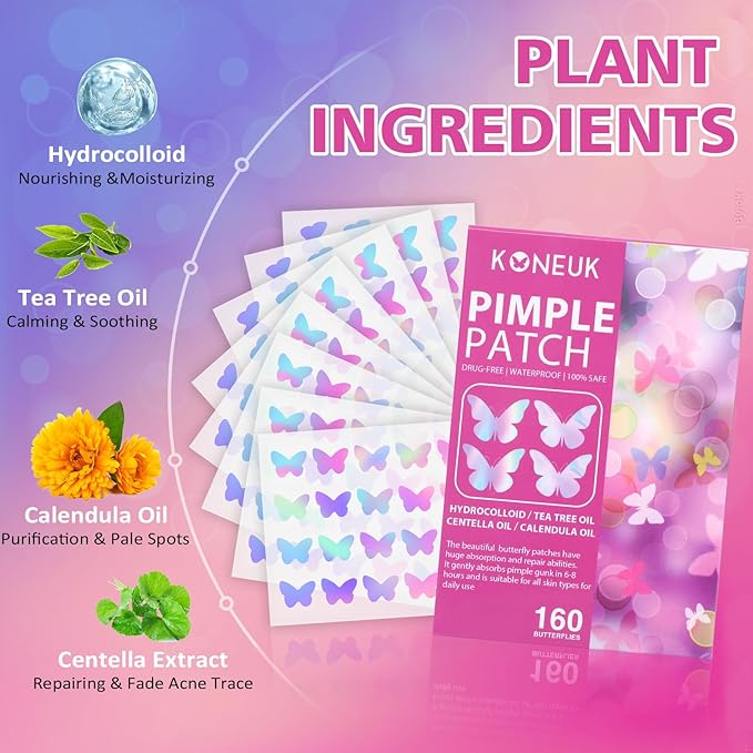 Acne Pimple Patches for Face (160 Counts), Hydrocolloid Acne Patches with Tea Tree Oil and Calendula Extract, Cute Colorful Butterfly Shape Spot Stickers for Skin Care, Zit Patches