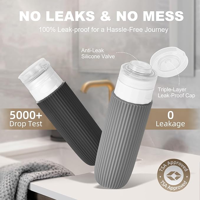 Travel Bottles for Toiletries (18 Pack), TSA Approved Size Silicone Containers Jar Kit, Airplane Essentials Toiletry Bag, Leak Proof Refillable Accessories for Conditioner, Shampoo, Lotion & Body Wash
