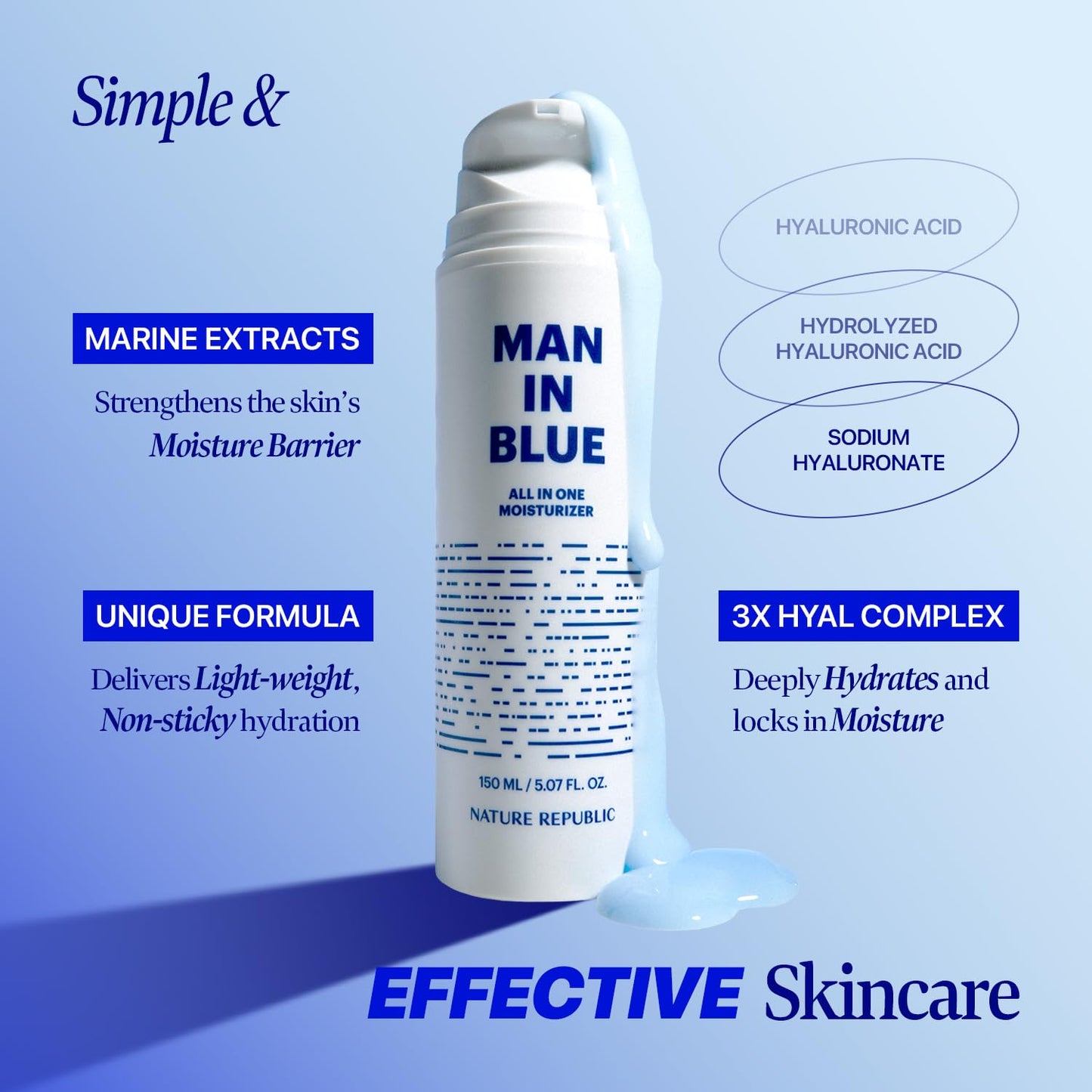 Nature Republic Man In Blue All In One Moisturizer - Daily Fresh Facial Lotion, Korean Natural Hydrating Simple Skin Care For Men Dry Beard Face, Rich, Lightweight, Aftershave, 150ml/5.07 Fl.Oz.