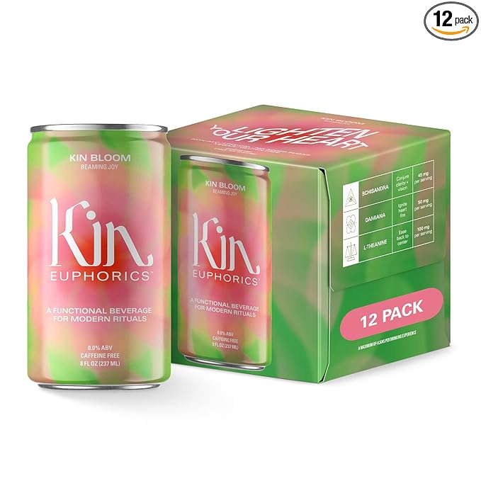 Kin Euphorics Kin Bloom Non-Alcoholic Functional Beverage | All day rosé | Elevate Your Mind & Spirit | Prebiotic | L-Theanine, Schisandra, Damiana | Ready to Drink | 8 Fl Oz (12pk)