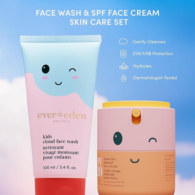 Kids Happy Morning DUO: Clean & Vegan Skin Care for Kids Bundle | Skin Care Cloud Face Wash + SPF 20 Mineral Face Cream | Non-Toxic | Non-Comedogenic | Fun | Easy-to-Use Skincare