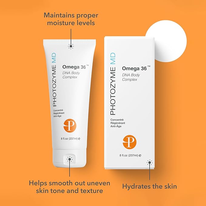 PHOTOZYME DNA Repair Anti Aging Body Lotion Complex with DNA Enzymes + Omega 3 + 6 | Moisturizing, Hydrating, + Nourishing Skin Cream to Repair Sun Damage | Fragrance Free, Unscented | 8 Fl. Oz