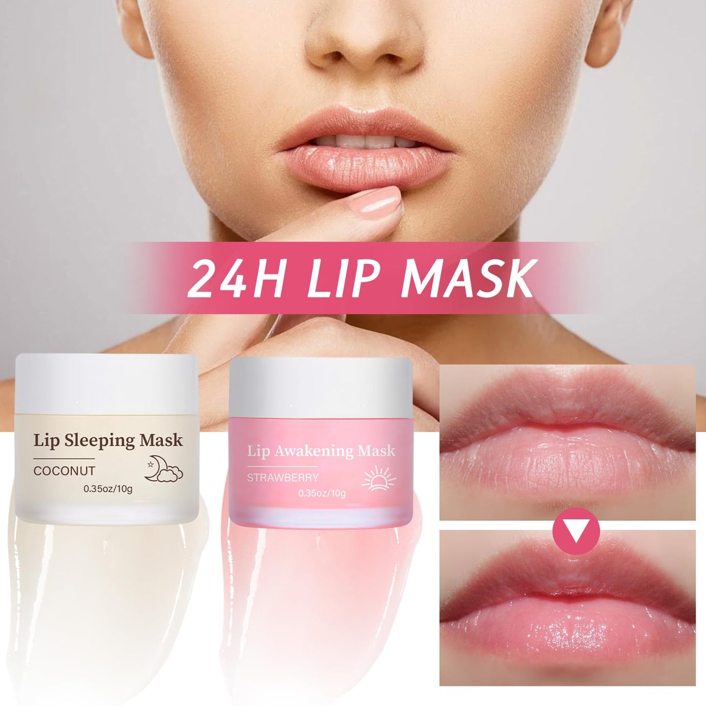 24H Lip Mask Set – Strawberry Day & Coconut Night Care – Hydrating & Softening Lip Sleeping Mask Duo for Dry, Flaky Lips – 10g x 2 (Strawberry and Coconut Set)