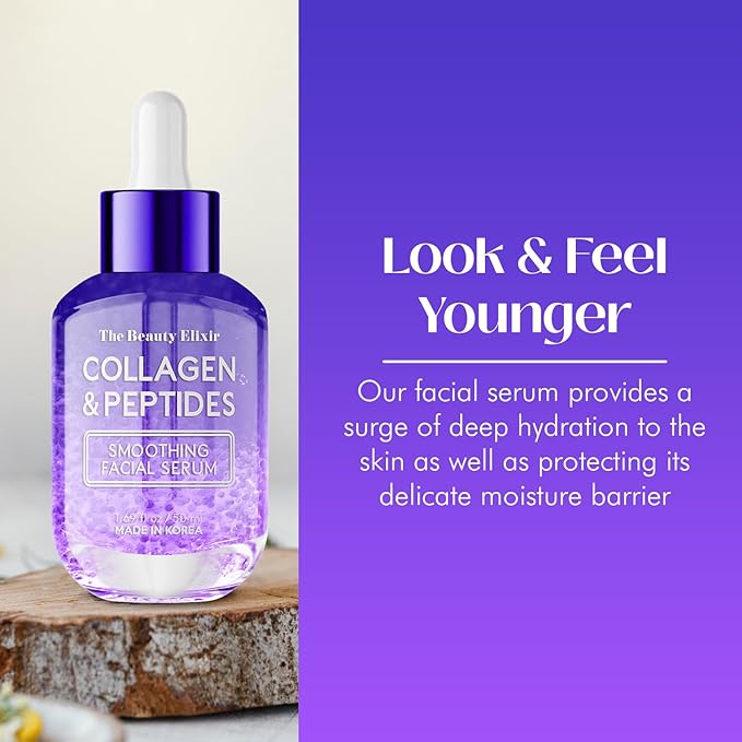 Collagen & Peptides Serum For Face - Dermatologist Tested, Anti-Aging, Hydrating & Repairing Treatment for Fine Lines & Wrinkles - Clean Beauty, Cruelty-Free Korean Skincare - 1.69oz
