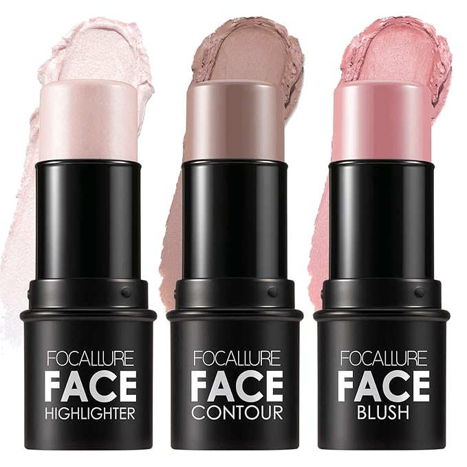 FOCALLURE 3 Pcs Cream Contour Sticks,Shades with Highlighter Finishing Makeup,FAIR-LIGHT