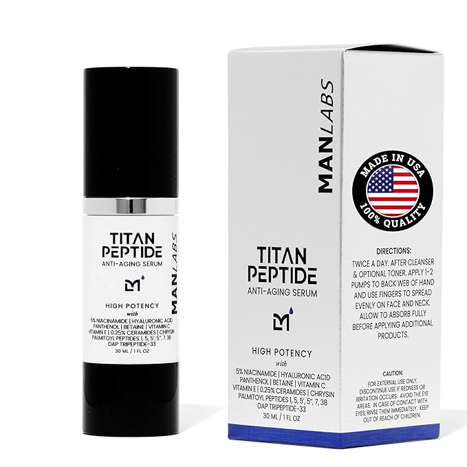 Titan Anti-Aging Peptides Serum for Face - High Potency Mens Peptide Serum Moisturizer - Mens Skin Care - Men, Dark Spots, Wrinkles, Fine Lines - Peptides, 5% Niacinamide, HA - Unscented