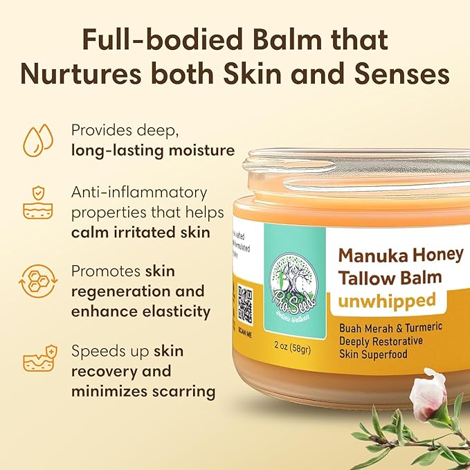 Manuka Honey Unwhipped Tallow Balm – Handmade Grass-Fed Beef Tallow with Frankincense, Vitamin E, Castor Oil, Buah Merah & Turmeric – Hydrates & Nourishes Skin for Men, Women & Kids – 2oz Glass Jar