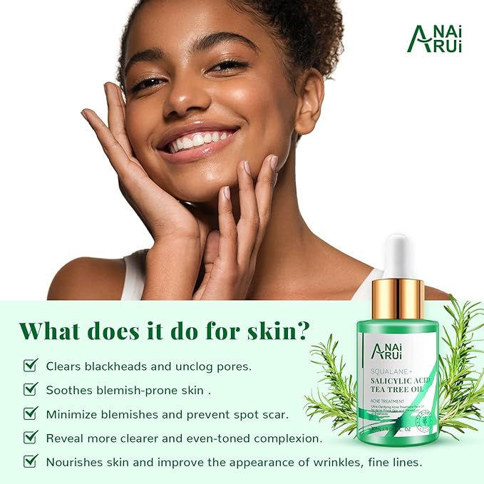 ANAI RUI Acne Face Oil,Tea Tree Oil with Salicylic Acid,Acne Prone Skin Oil,Soothe Acne,Redness Relief, Tea Tree Oil for Face,Back, Clarifying & Purifying 1Fl.OZ