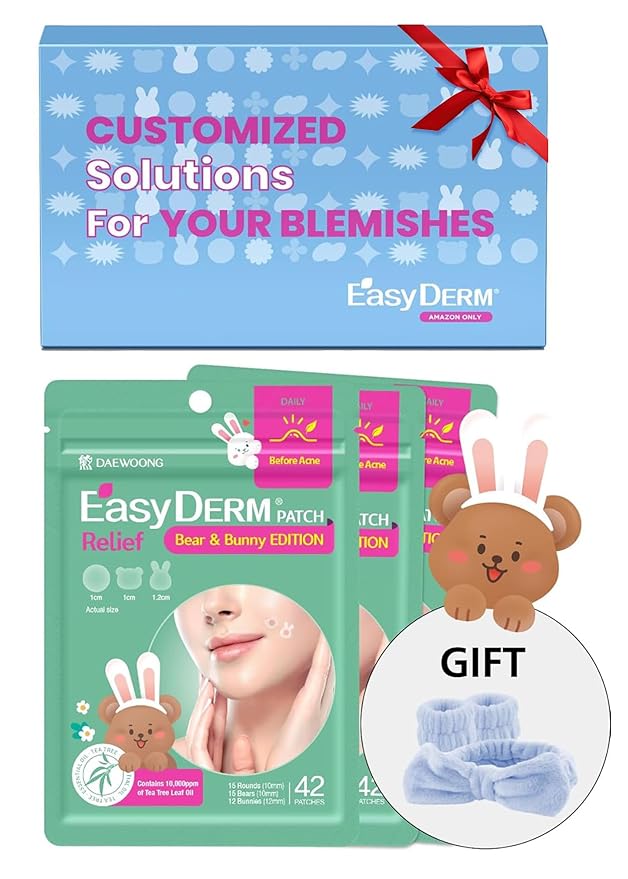 Easyderm Bear& Bunny Pimple Patches - 7,000 PPM Tea Tree Oil(126 Counts), Salicylic Acid, Free Hairband Included - Holiday Gift, Easter Day Gift, Stocking Stuffer for Teens & Women