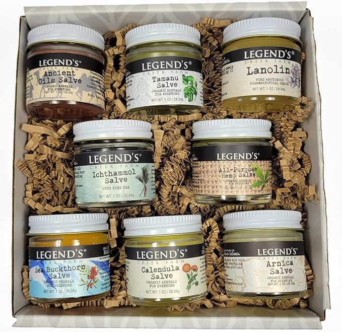 Legend's Creek Farm Herbal Salve Bundle 8 Pack - Pack of 1 oz. Healing Ointment with Ichthammol, Calendula, All-Purpose Hemp, Sea Buckthorn, Tamanu & Hemp, Arnica, Ancient Oil, Lanolin (8 Jars)