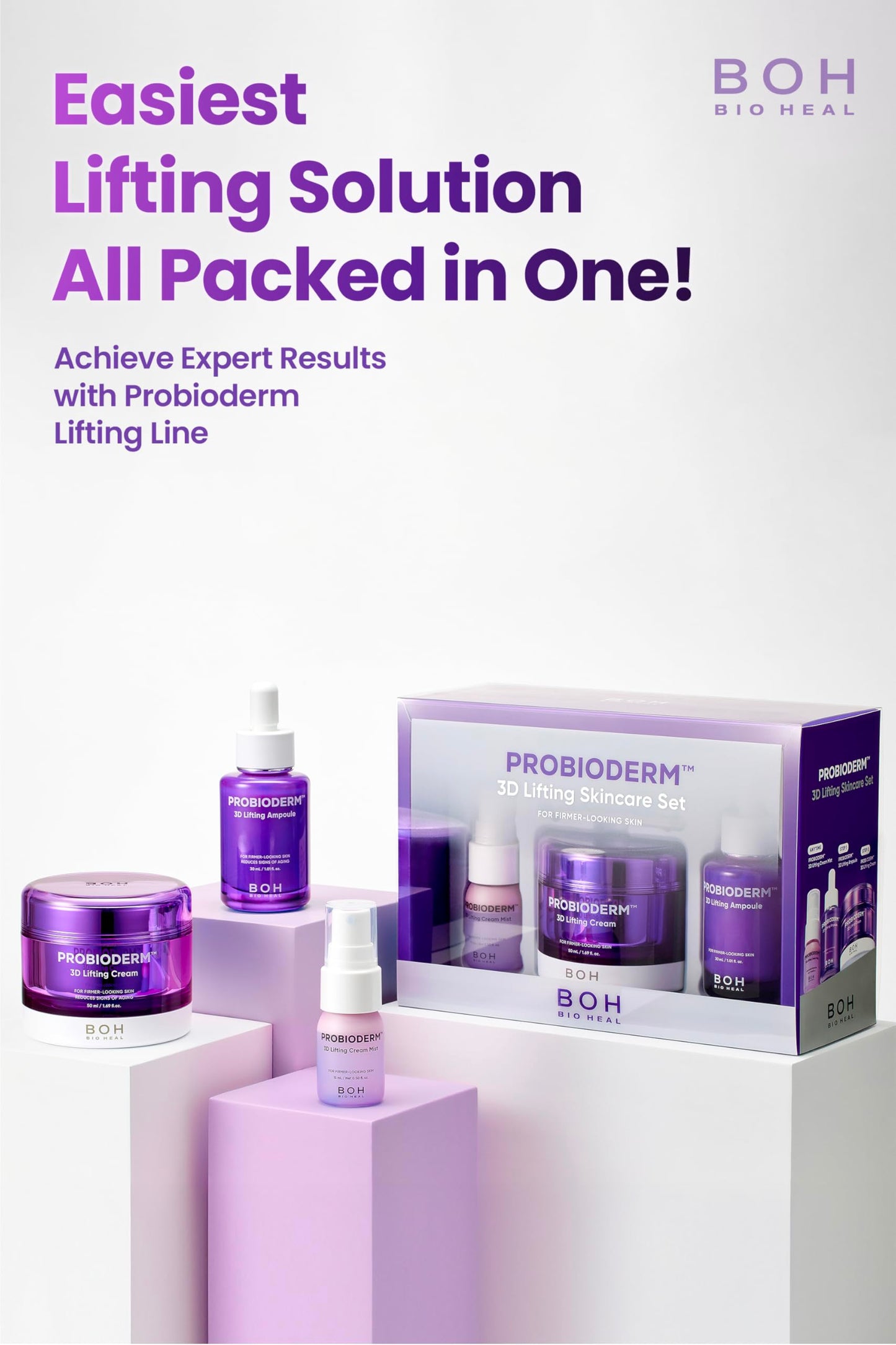 BIOHEAL BOH Probioderm 3D Lifting Skincare Set | Anti-Aging Face Moisturizer Night Cream, Ampoule & Facial Serum Spray | Korean Skin Care Kit for Firming & Hydration | K Beauty Gift Set for Women