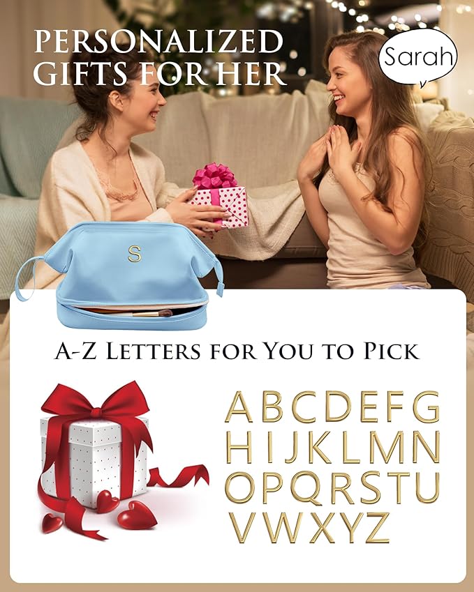 Daughter Birthday Gifts, Initial Makeup Bag, Personalized Double Layer Cosmetic Bag with Makeup Brush Organizer, 10 11 12 13 14 15 16 18 19 Year Old Girl Birthday Gifts, Gift for Wife