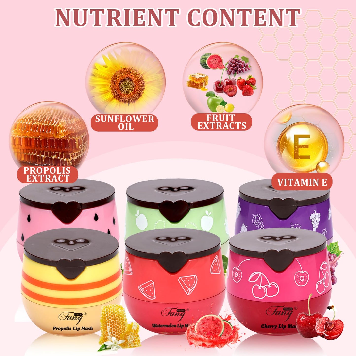 6 PCS Bee Lip Balm Honey Pot, Honey Strawberry Watermelon Apple Vanilla Peach Bee Lip Balm Sleeping Lip Mask Overnight with Sticks, Honey Pot Lip Balm Exfoliating Prevention Dry and Crack Lip Scrubs