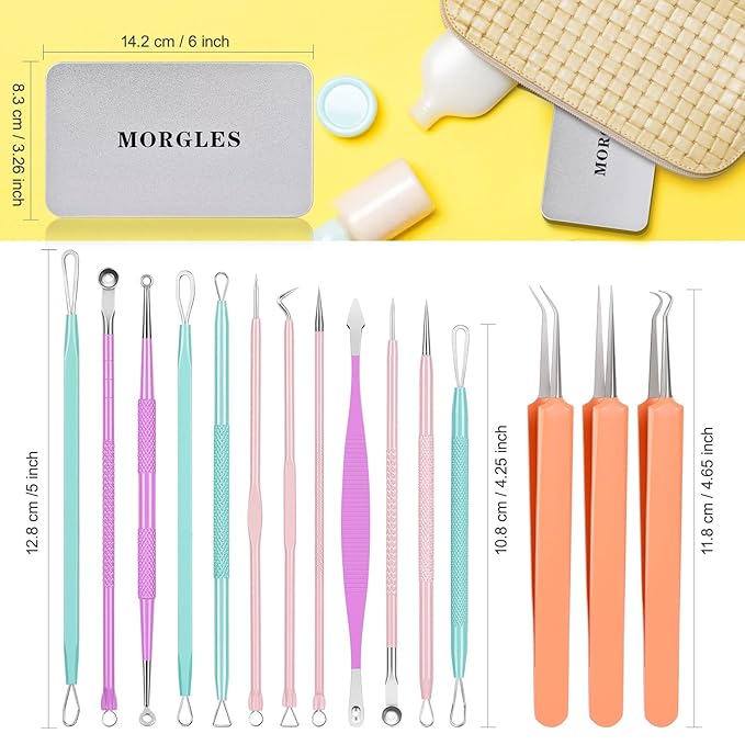 MORGLES Blackhead Remover Tools, 15 Pcs Pimple Popper Tool Kit Comedone Pimple Extractor for Blackhead Blemish Zit Removing with Metal Case 2024 Latest