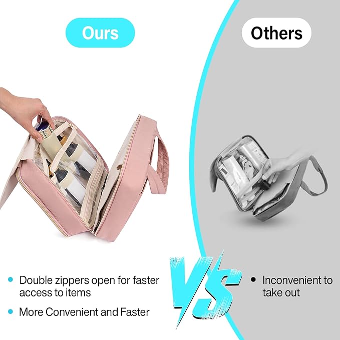 Hanke Hanging Travel Toiletry Bag for Women with Jewelry Organizer Compartment, Travel Essentials Toiletries and Makeup Bag, Water-Resistant & Stain-Resistant with Trolley Strap (Pink)