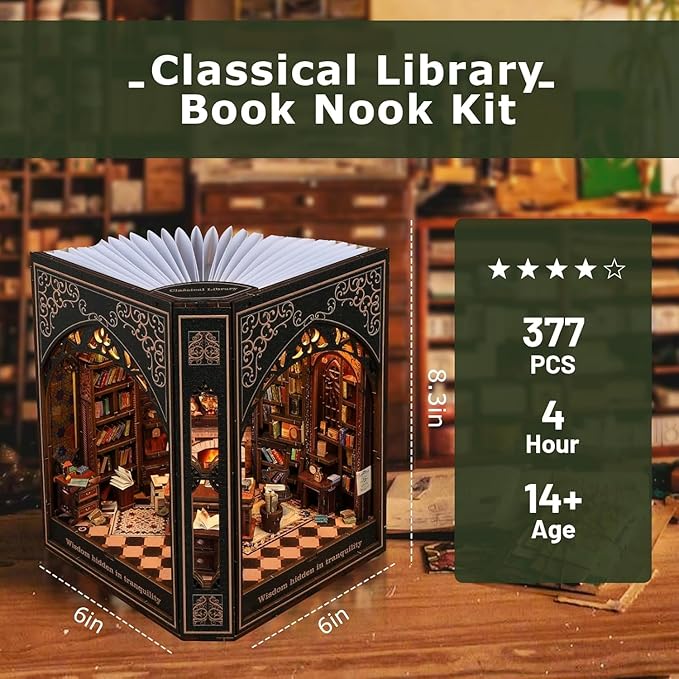 Book Nook Kit with Nightlight – Type-C and Battery Powered DIY Bookshelf Decor, Perfect for Home and Office Gift（Classical Library）