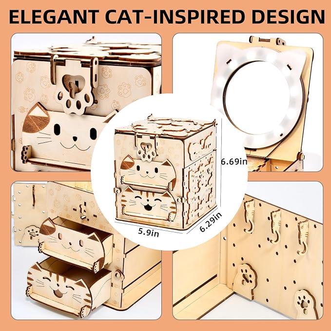 3D Wooden Puzzle Cat Treasure Box, Wood Creative Assembly Model Building Kits to Build for Adults and Teens, DIY Cat Jewelry Box with Mirror Hobbies Projects Gift for Women