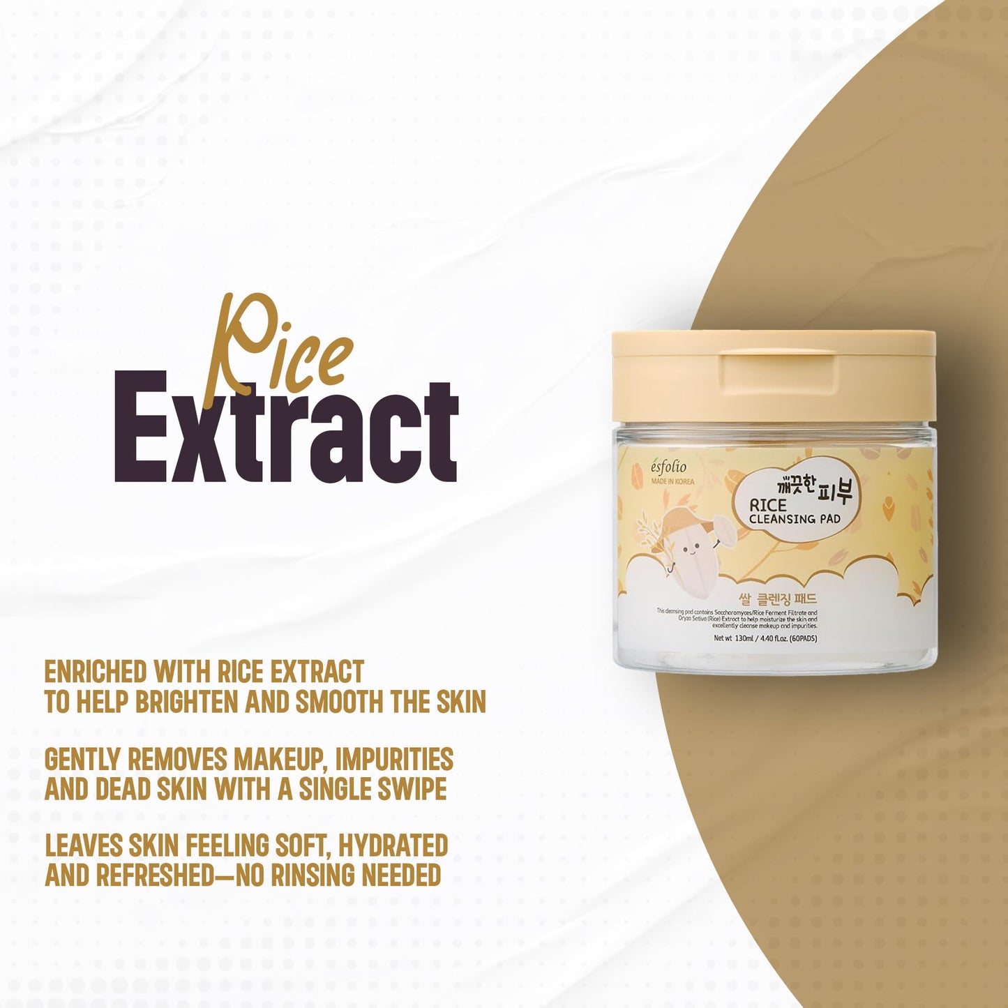 Esfolio Rice Cleansing Pad – Gentle Daily Facial Pads with Rice Extract for Skin Clarity and Softness – Easy One-Step Cleanser for Radiant Complexion – Korean Skincare – 60 Count