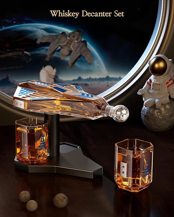 Kollea Galaxy Blue Spaceship Whiskey Decanter Sets for Men, Spacecraft Limited Edition, 2 Funny Shot Glasses, Gift Ideas, Cool Liquor Dispenser for Home Bar, Christmas Birthday Gifts for Men Dad Him