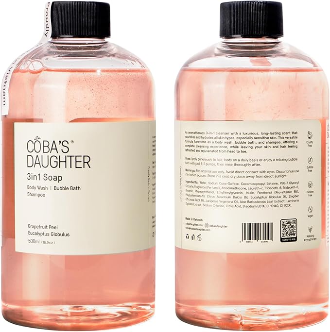 COBA'S DAUGHTER Grapefruit Peel & Eucalyptus Globulus 3-in-1 Soap | Body Wash, Bubble Bath, Shampoo | Cleanse, Nourish & Soften Skin with Inulin & Seaweed Extract | (16.9oz)