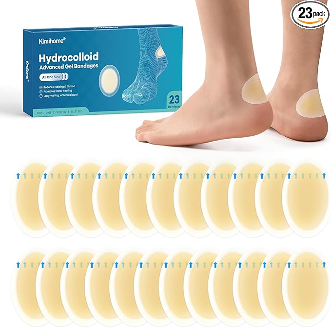Hydrocolloid Gel Blister Bandages Pads - Kimihome 23ct Water Resistant Blisters Bandages - Adhesive Blister Pads for Heel, Foot, Toe - Gel Blister Chshions for Prevention & Recovery (Heel Pack)