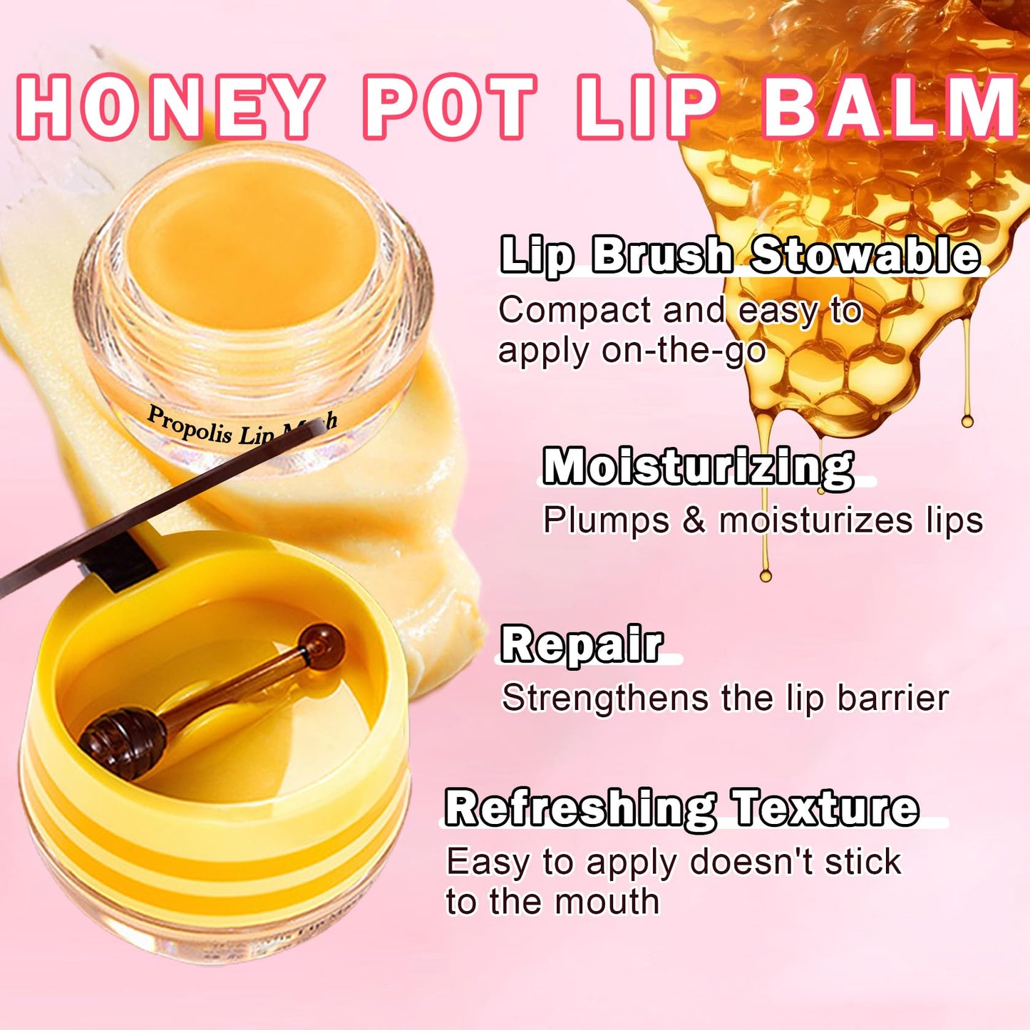 IONSGAKO 4PCS Bee Lip Balm Honey Pot, Honey Strawberry Watermelon Apple Lime Lip Mask Sleeping Honey Lip Mask Overnight Hydrating Propolis Honey Pot Lip Balm for Dry Lips Care