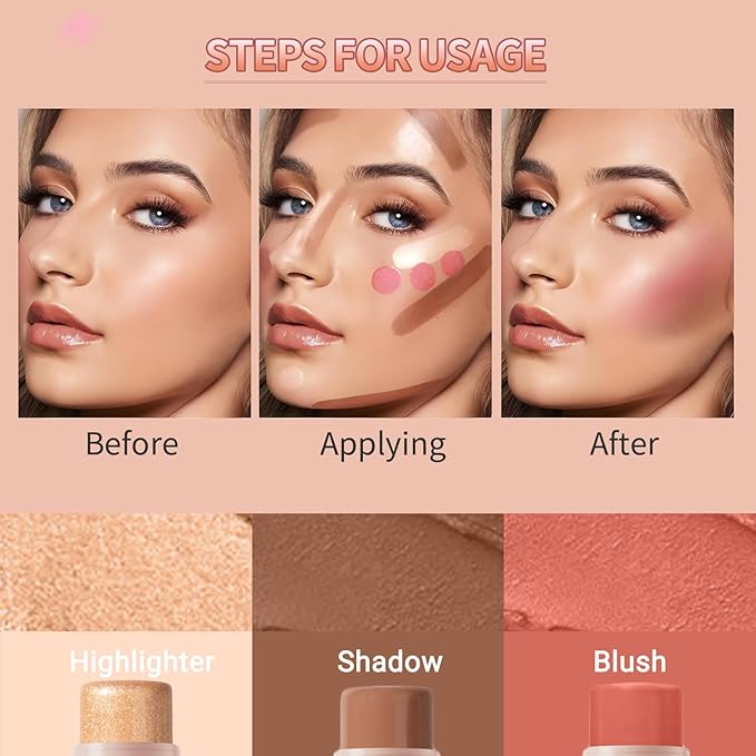 3Pcs Cream Contour Stick, with Highlighter Stick Milk