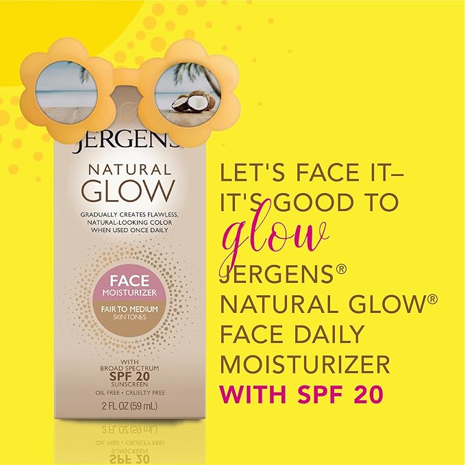 Jergens Natural Glow Face Self Tanner Lotion, SPF 20 Sunless Tanning, Fair to Medium Skin Tone, Daily Facial Sunscreen, Oil Free, Broad Spectrum Protection, 2 Fl Oz (Pack of 2) (Packaging May Vary)