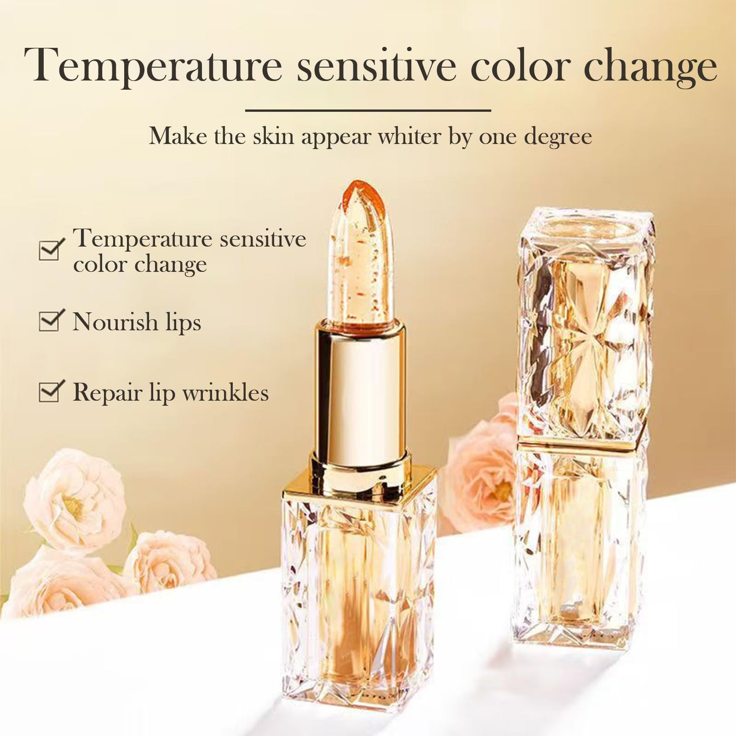 Transferproof Color Changing Lipstick,Gold Crystal Lipstick Color Changing Long Lasting,Vitamin E Nourishing For Cracked & Dry Lips (01)