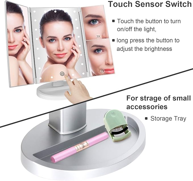deweisn Tri-Fold Lighted Vanity Tabletop Mount Mirror with 21 LED Lights, Touch Screen and 3X/2X/1X Magnification, Two Power Supply Modes Make Up Mirror,Travel Mirror