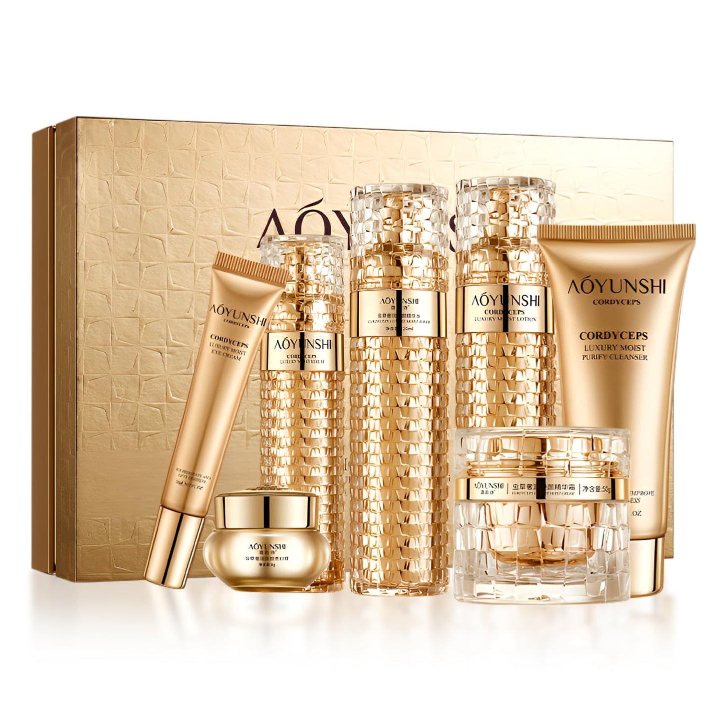 Luxurious Hydrating Skincare Gift Set with Cordyceps Extract - Includes Face Cleanser, Balm, Eye Cream, and 4-Piece Essence Set (Water, Serum, Emulsion, Cream)