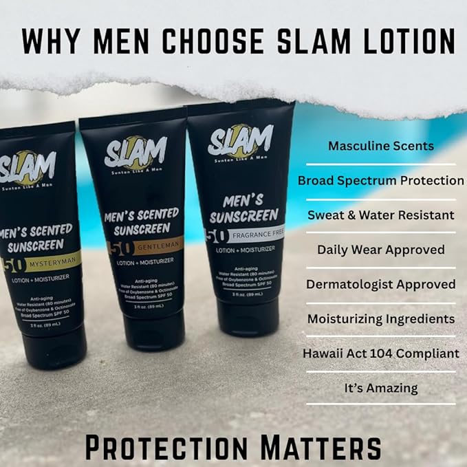 SLAM Men's Sunscreen Lotion SPF 50 & Moisturizer – Face & Body Sunblock, Anti-Aging, Water-Resistant, Hawaii Act 104 Safe, Skincare for Men, Unscented – 3 fl oz.each. Double pack.